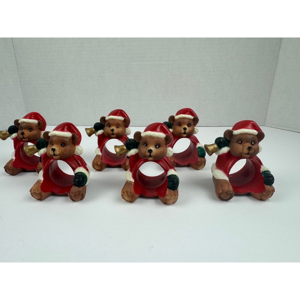 Vintage REED Christmas Santa Bear Napkin Rings Set of 6 Holiday Table Decor